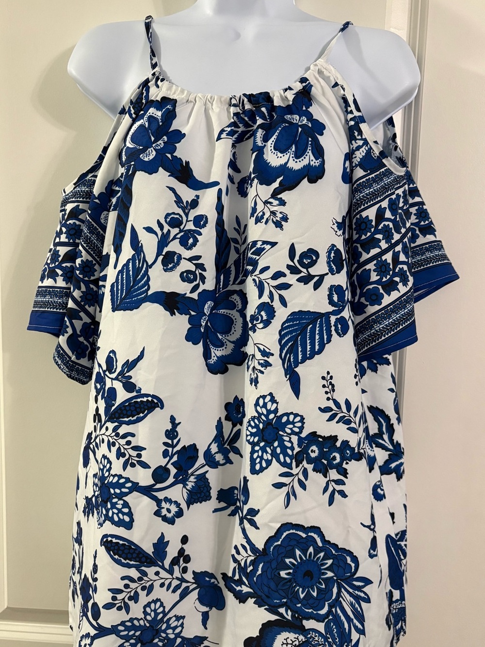 SHEIN Blue and White Cold-Shoulder Floral Blouse